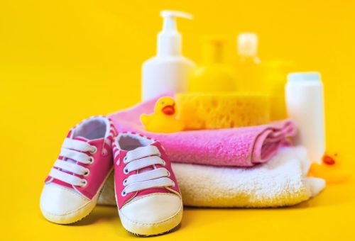 Accessories for bathing the baby. Selective focus.